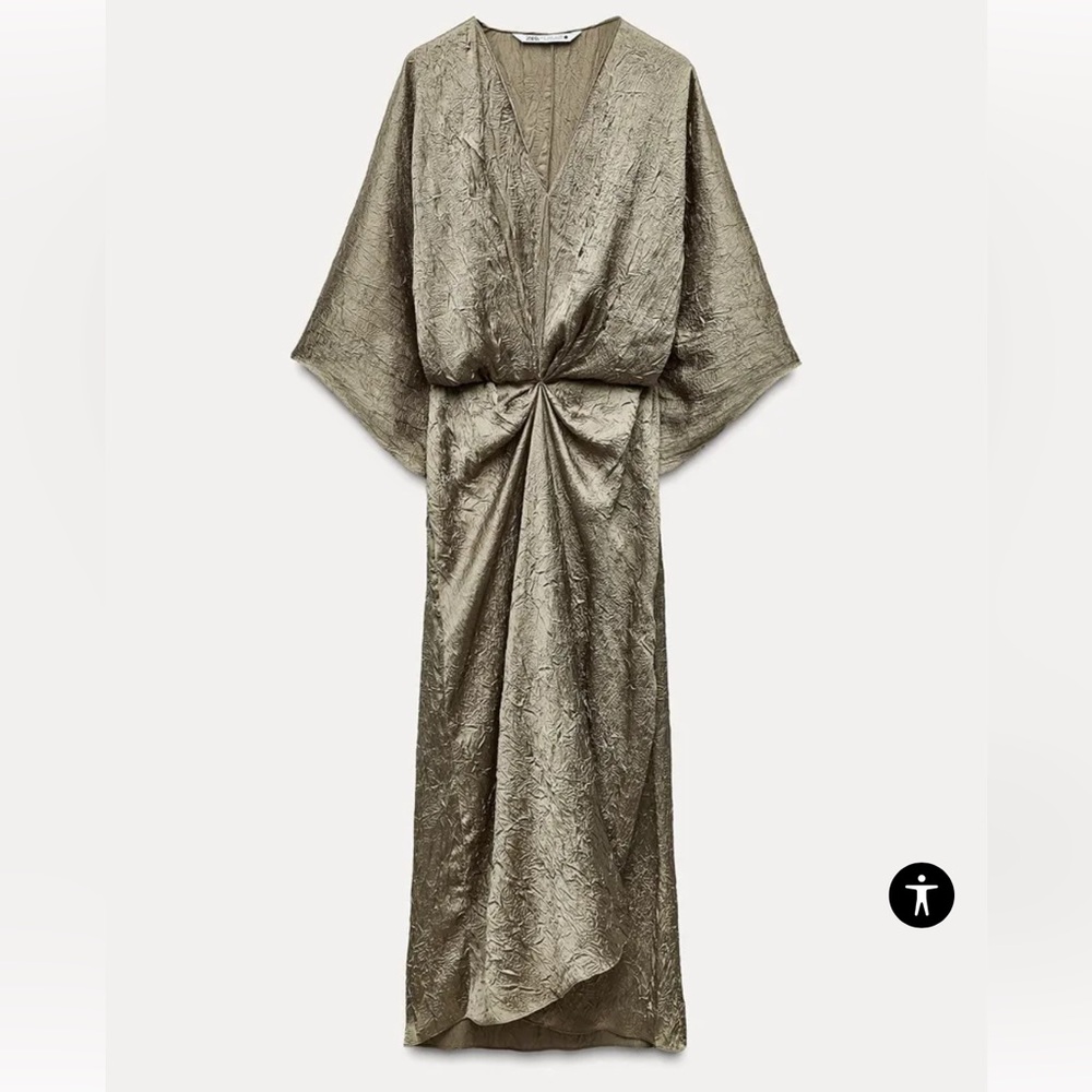 Zara Olive Metallic Twist-Waist Midi Dress